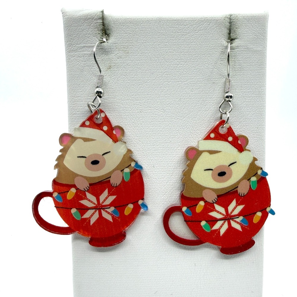 Christmas Hedgehog Earrings Festive Coffee Mug Holiday Dangle Gift Idea Cute
